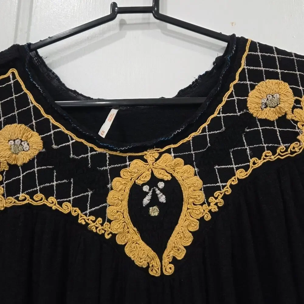 Free People Begonia Embroidered Top Black Long Sleeve Medium